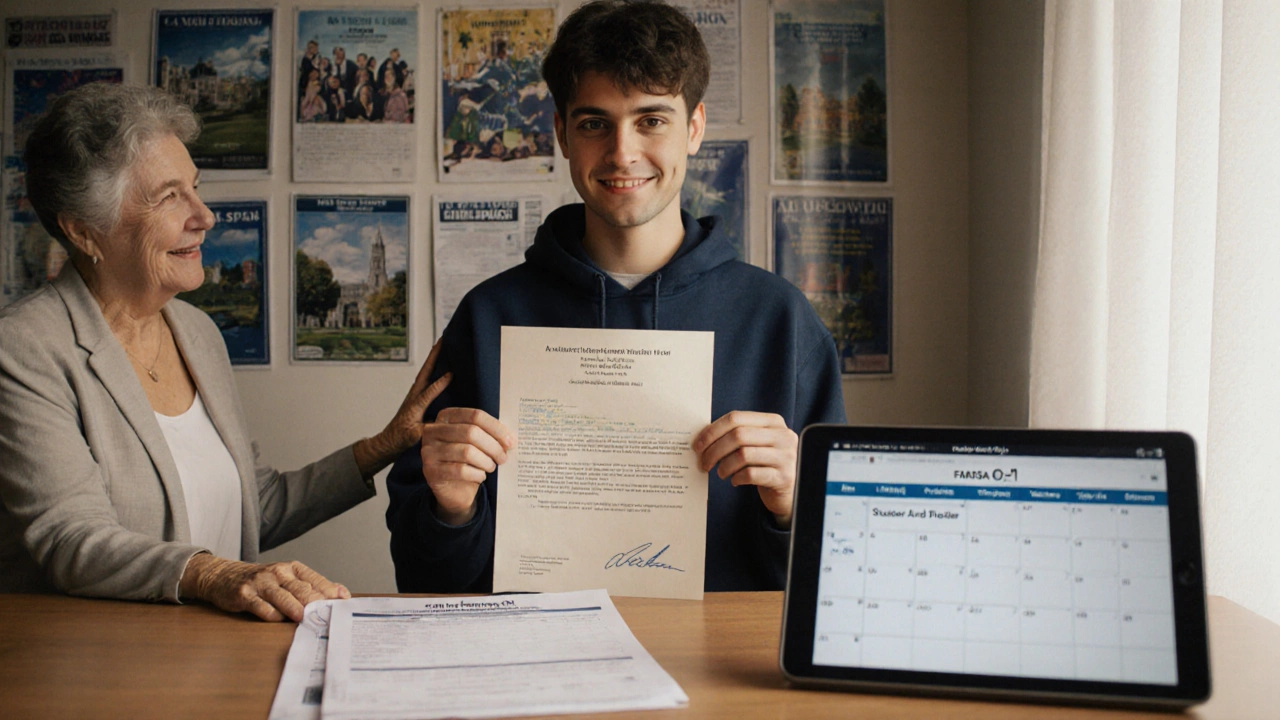 A high school senior holding a college acceptance letter while a parent offers support.