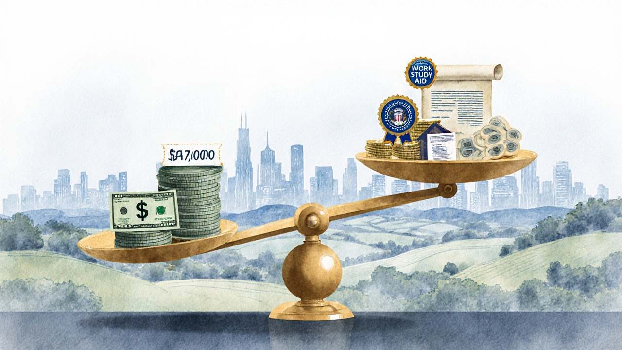 A symbolic scale balancing family income against types of financial aid like grants and loans.