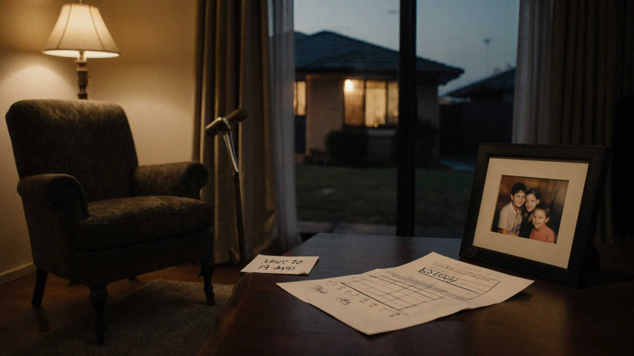 An empty Australian home at dusk with a debt projection letter and a photo of grandchildren, symbolizing the emotional weight of equity release decisions.