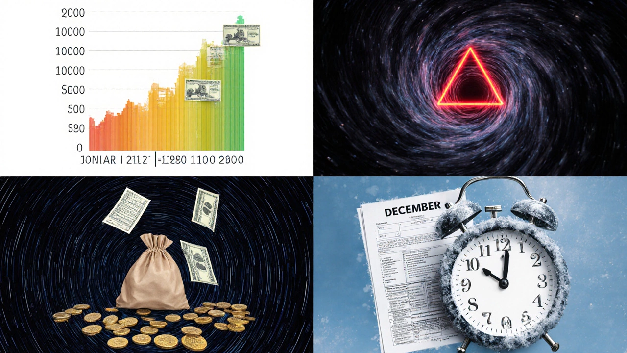 Annual crypto cycle: January growth, April cash surge, October crash, November shopping drag, December frozen clock — surreal collage.