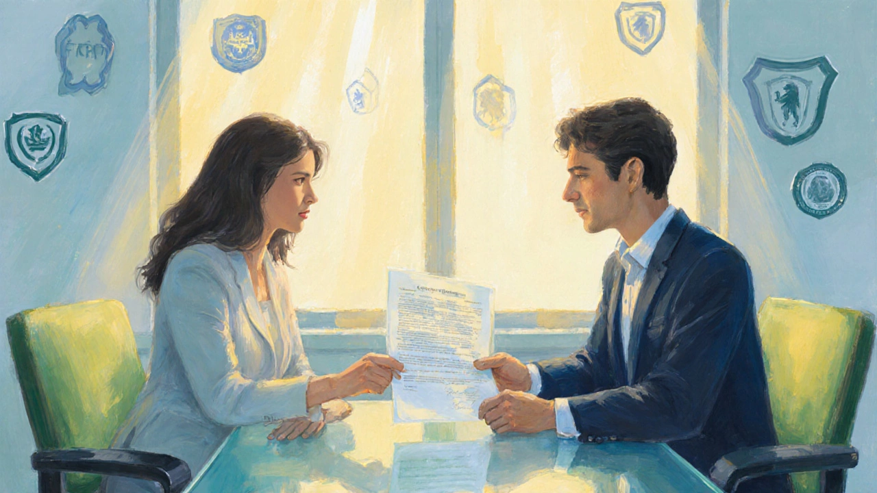 Borrower receives a clear loan document from a counselor in bright office.