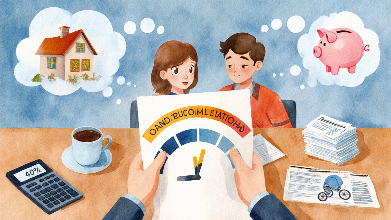 Couple at a kitchen table worries about home, retirement, and family plans while student debt looms.