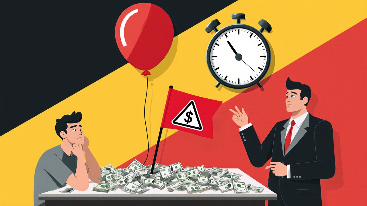 Desk with bills, red flag, balloon, and clock showing roll‑over traps.