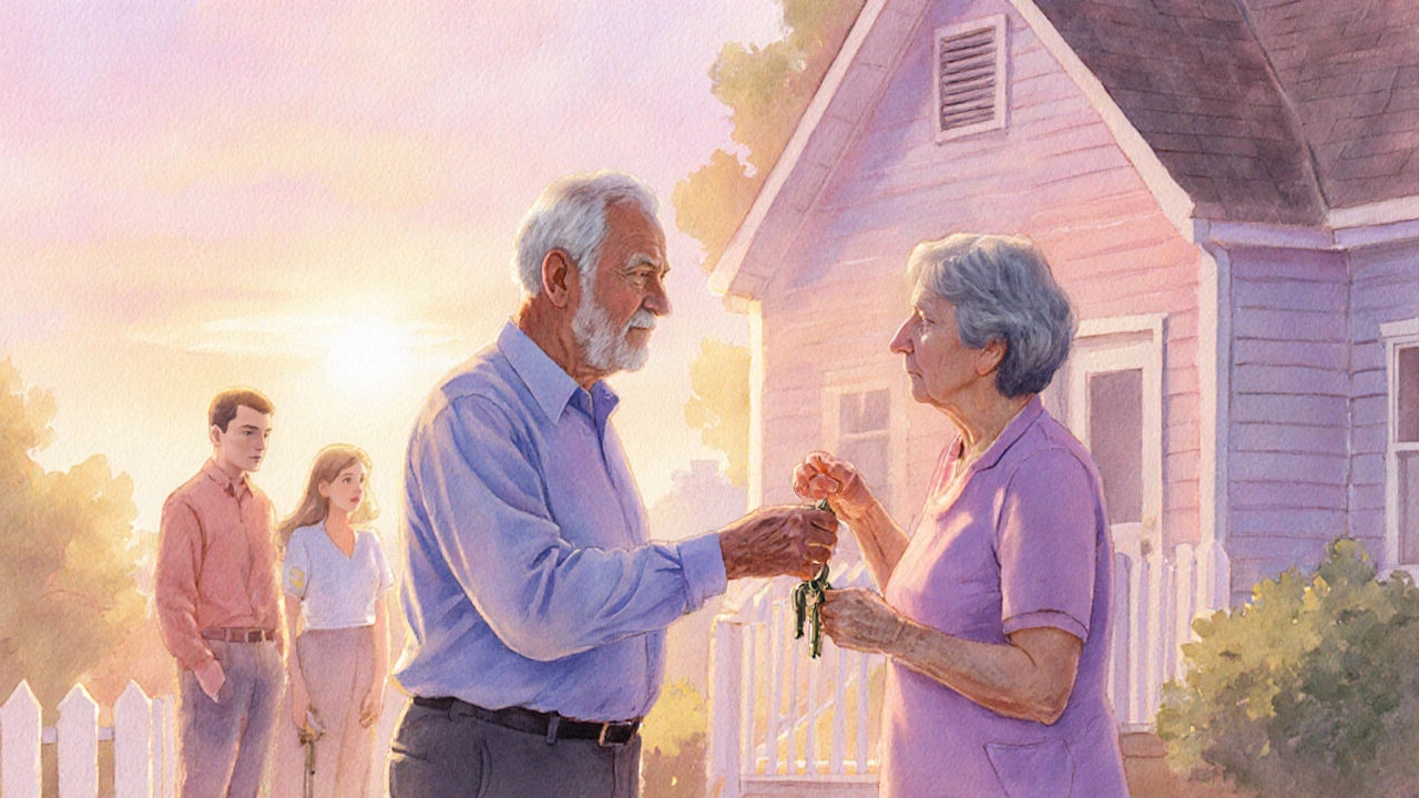 Elderly person handing house keys to caregiver at sunset.