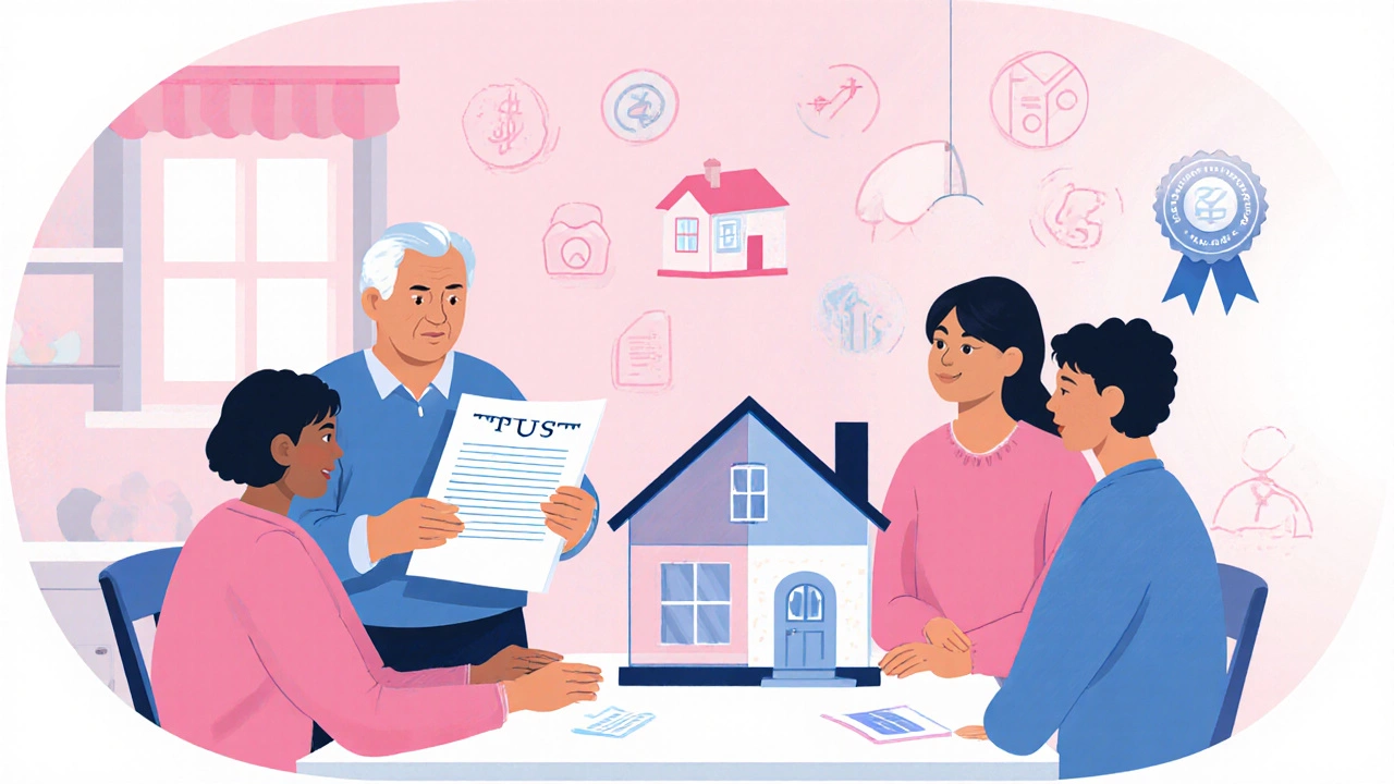 Family discussing legacy while a house fades, showing impact on heirs.