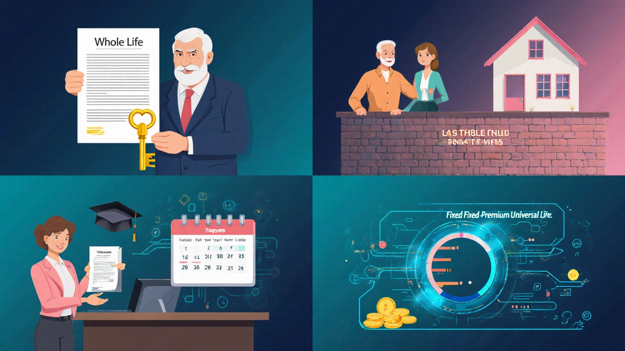 Four scenes showing whole life, level term, guaranteed issue, and fixed‑premium universal life policies.