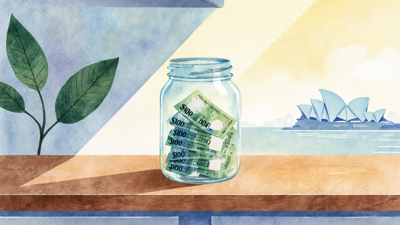 Glass jar filling with Australian banknotes beside kitchen counter, warm sunlight.