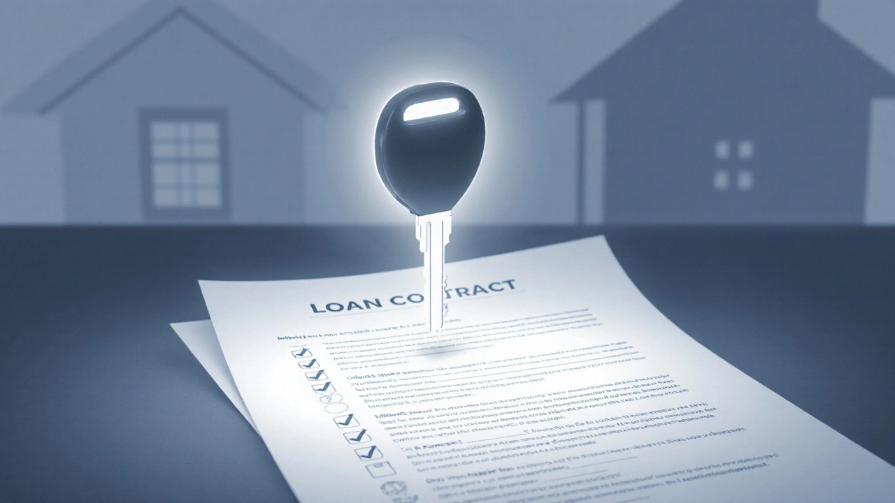 Glowing car key over contract with checkmarks, symbolizing loan approval.