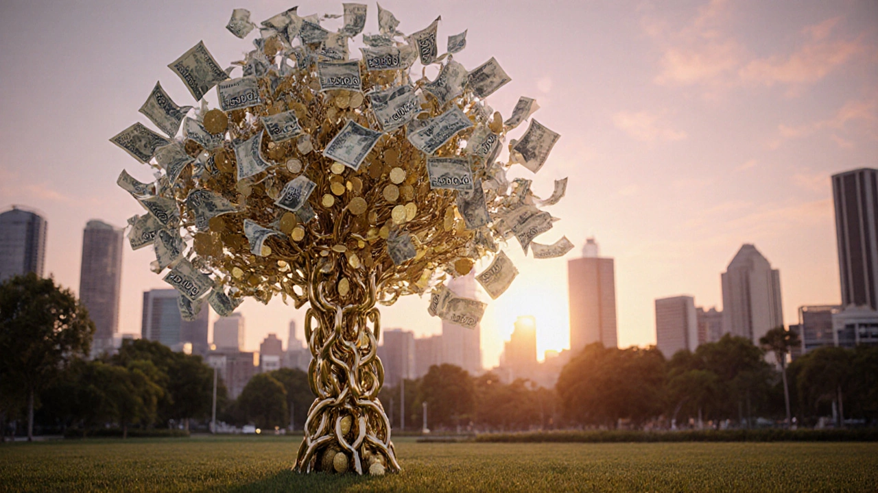 Golden coin tree with 0 bill leaves growing against a dusk city skyline.