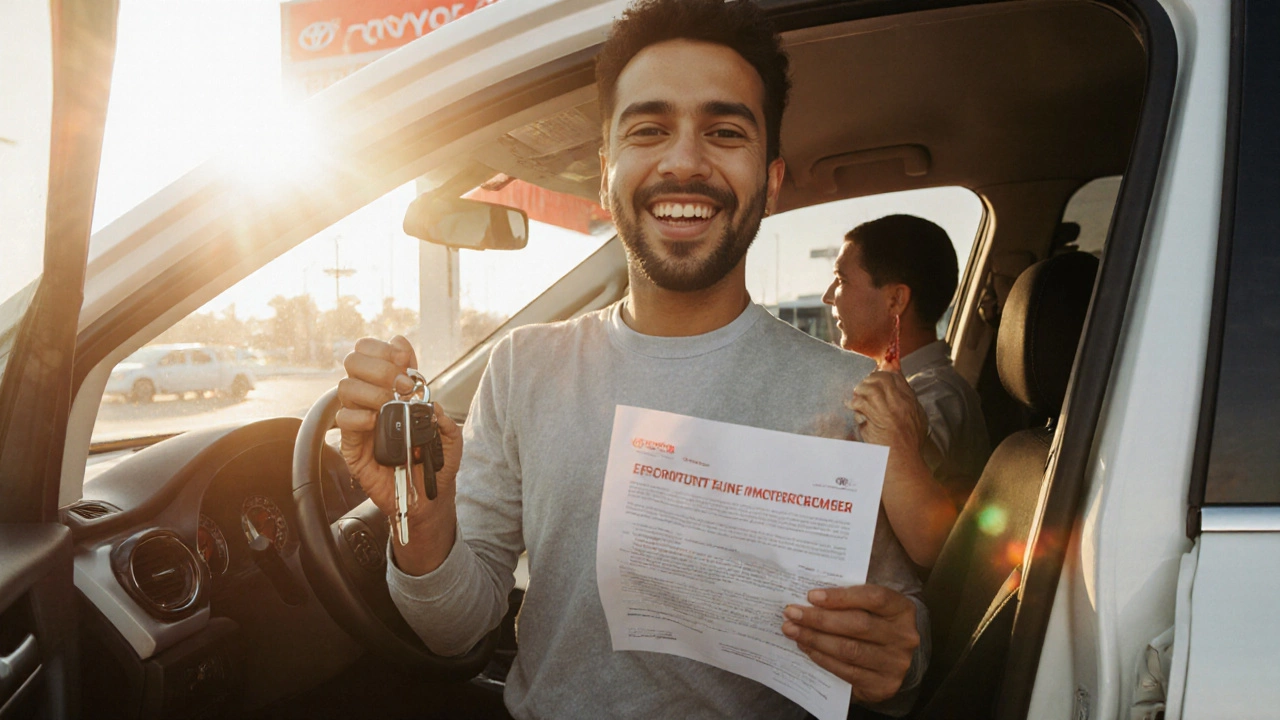Happy driver receiving keys and loan approval after financing a Toyota.