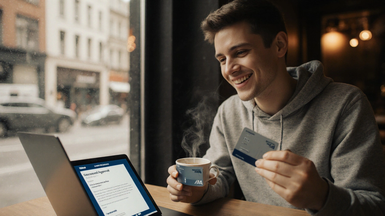 Happy individual receiving account approval email while holding a new debit card in a café.