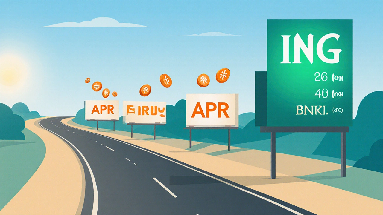 Illustrated road with lender billboards showing APRs, ING highlighted.