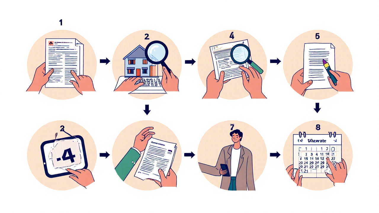 Illustrated sequence of steps showing a person switching home insurance, from gathering policy to paying premium.