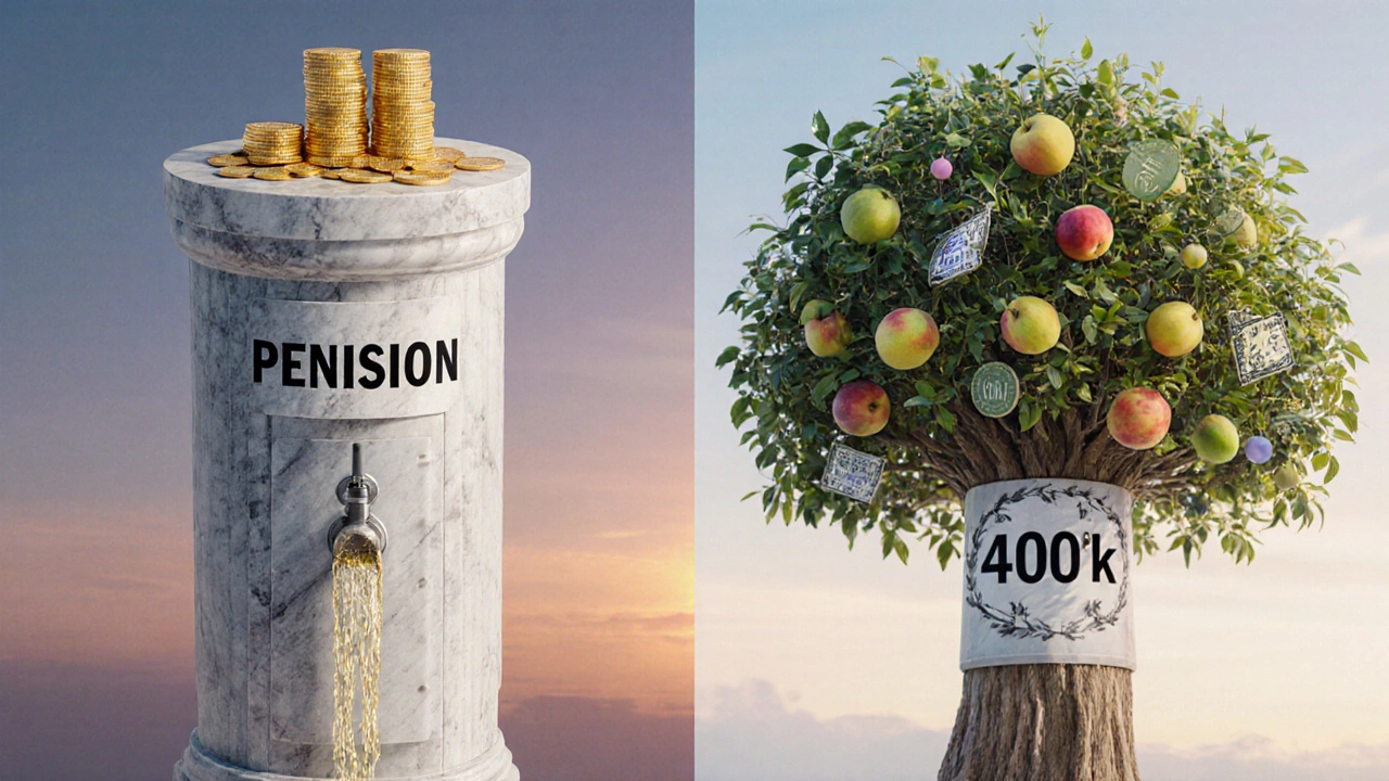 Illustration of a marble pension column with steady coins and a fruit‑bearing 401(k) tree representing different retirement features.