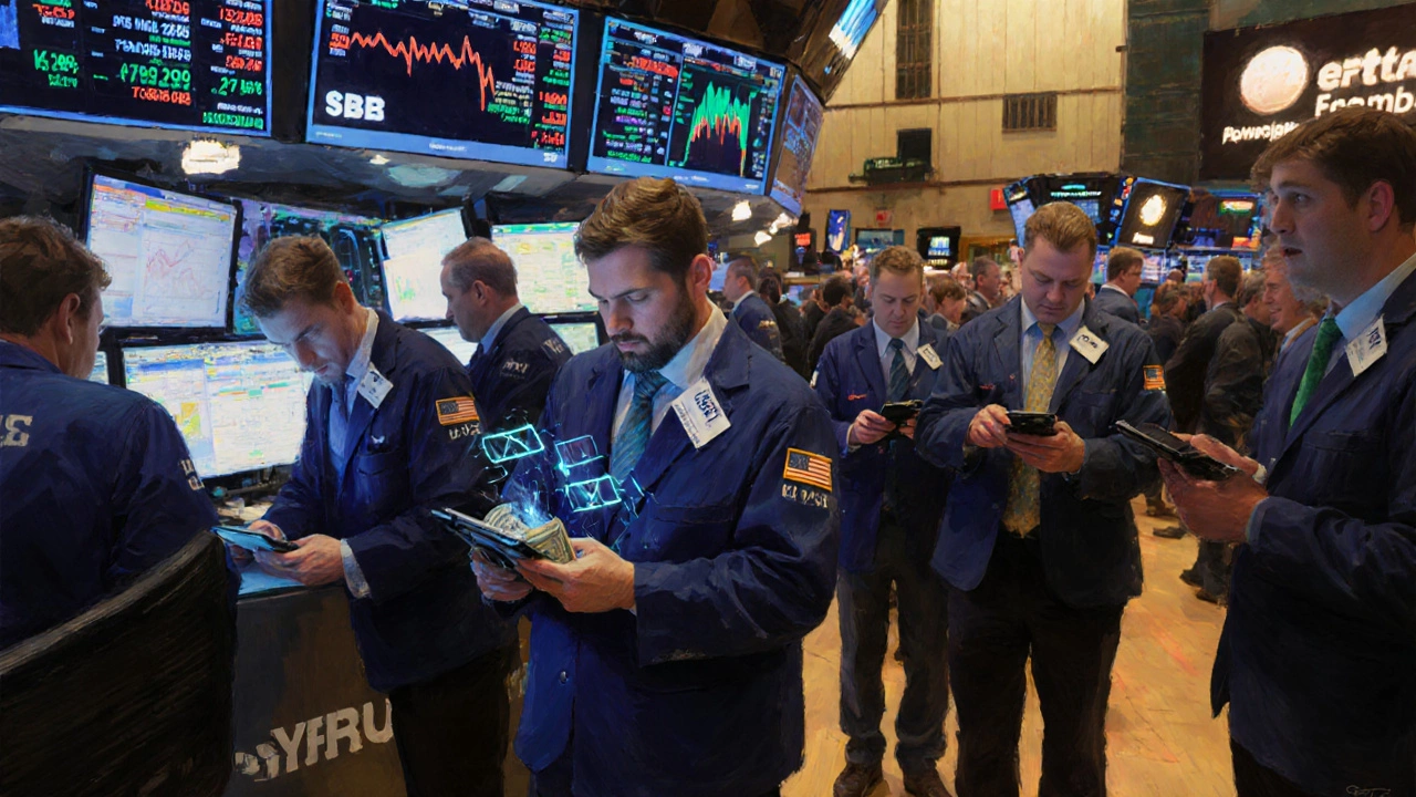 Investors in a trading floor checking phones as holographic crypto prices crash, one buying holiday gifts, another watching a Fed announcement.