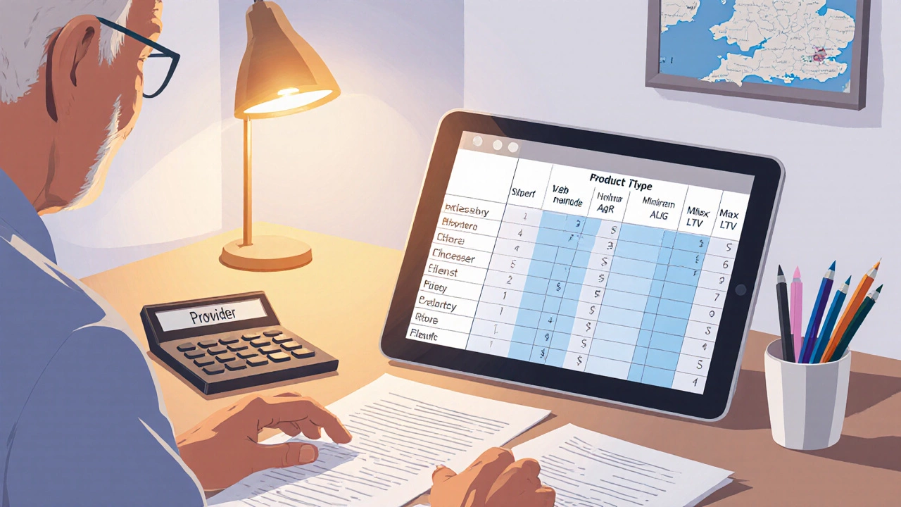 Older man surrounded by paperwork and a tablet displaying loan rate figures.