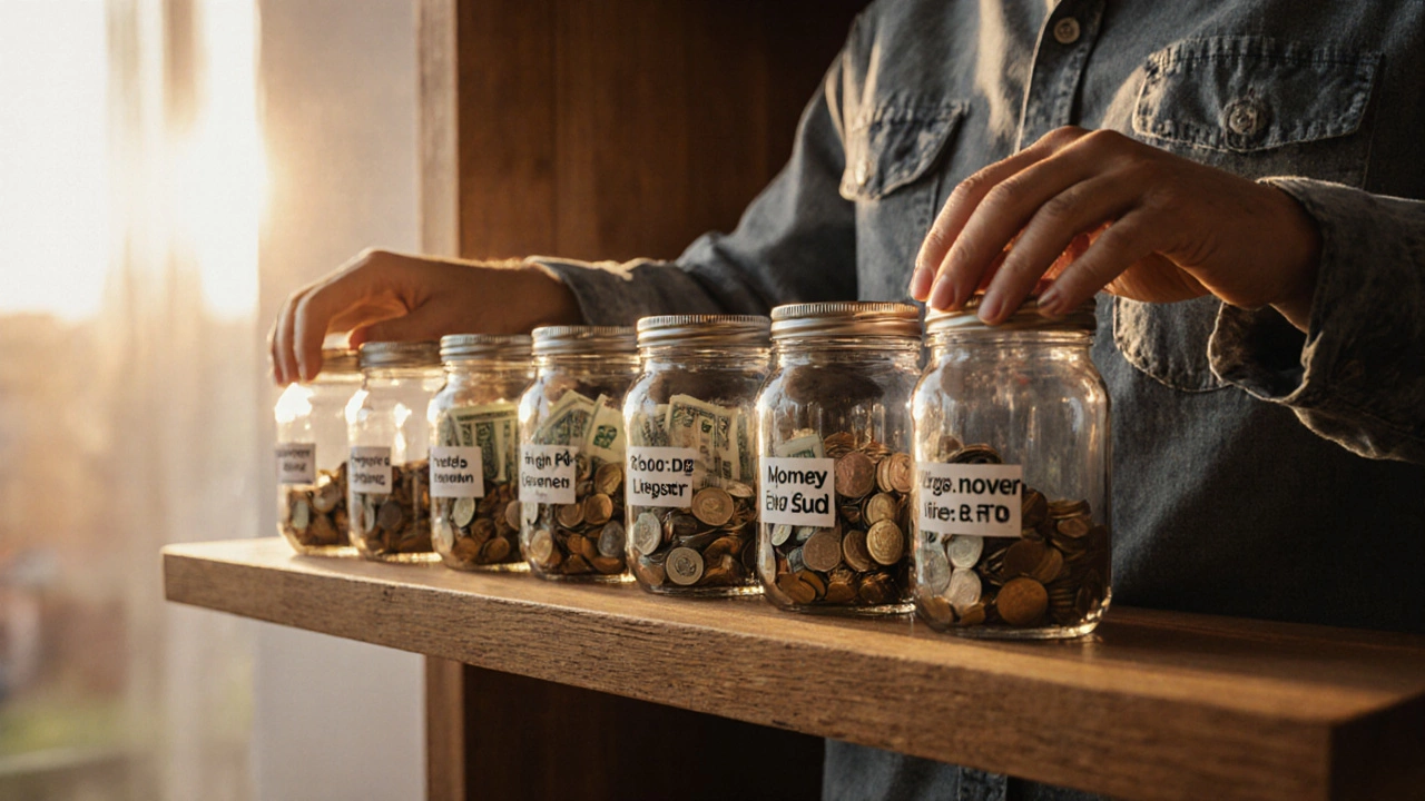 Person arranging colored jars of money on a shelf to build a portfolio.