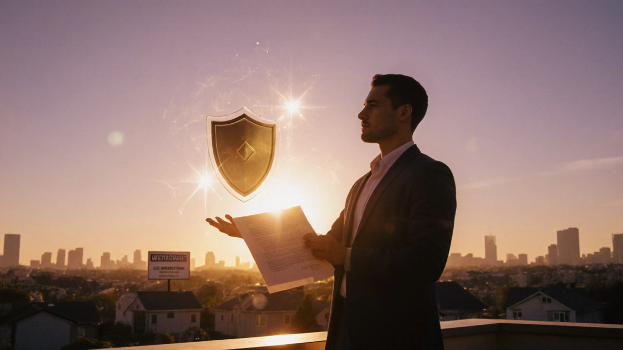 Person holding a signed policy with a glowing shield, symbolising fixed‑premium protection.