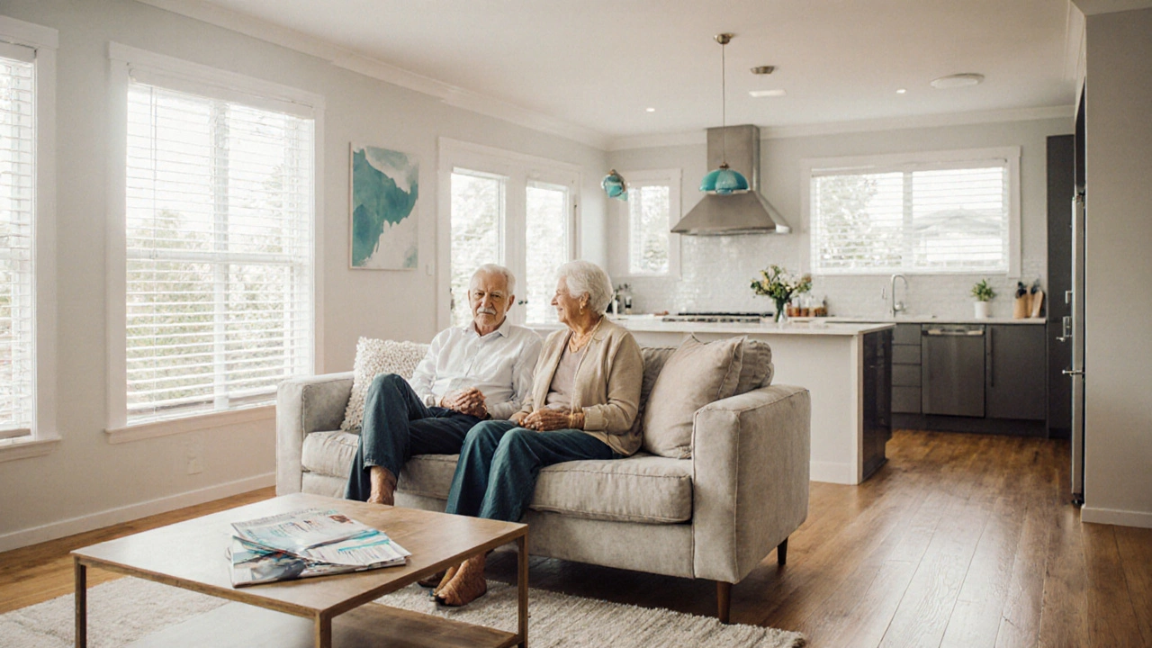 Retired couple enjoying a newly renovated living room after using equity release.