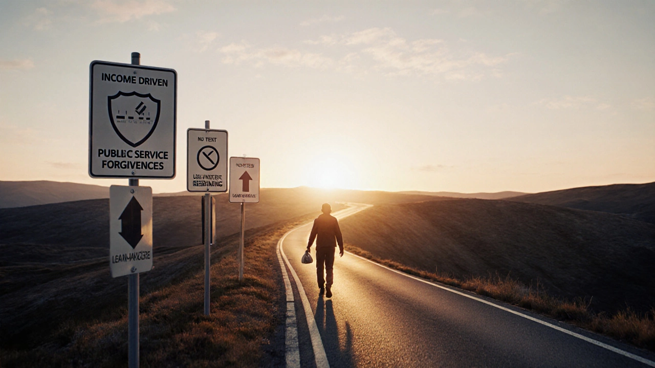 Roadmap with signposts for income‑driven repayment, loan forgiveness, and refinancing guiding a hopeful borrower.