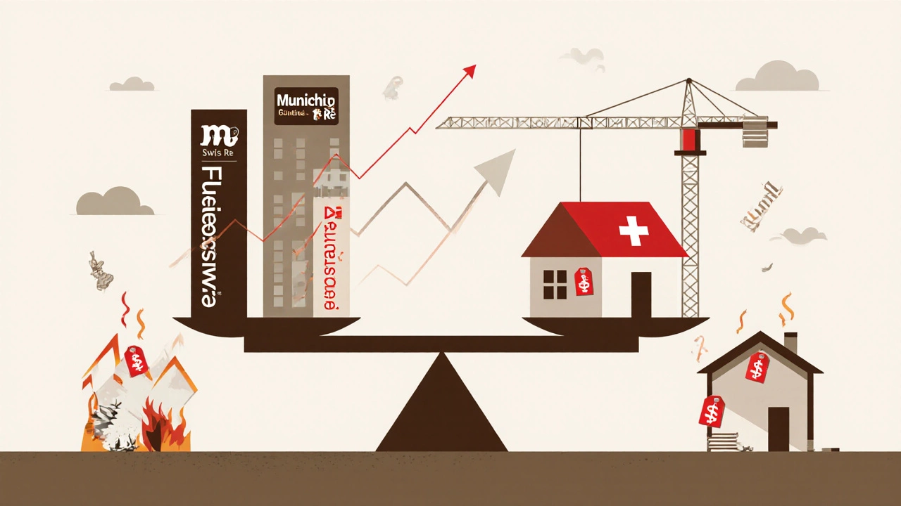 Scale balancing rising reinsurance costs against home insurance premiums with climate disaster icons.