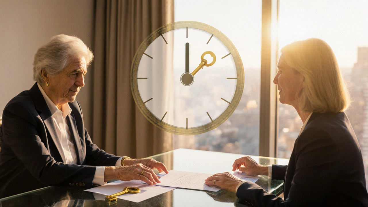 Senior woman discussing equity release with adviser over a desk, key and clock symbols nearby.