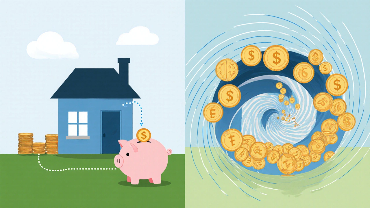 Side-by-side visual of interest‑only versus roll‑up equity release growth.