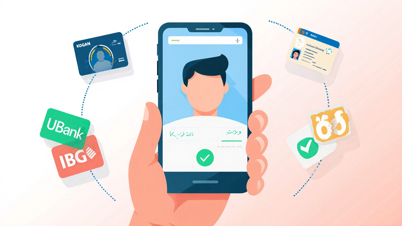 Smartphone screen showing selfie and ID upload with bank icons and checkmarks.