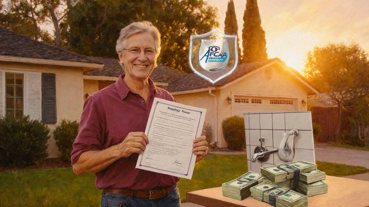 Smiling homeowner holding new policy certificate, with symbols of saved money and a house renovation.