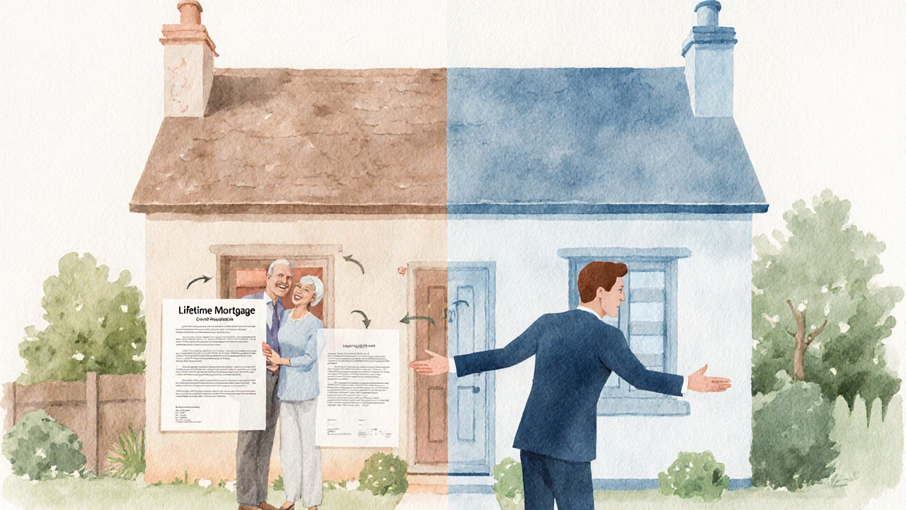 Split illustration contrasting lifetime mortgage and home reversion on a house.
