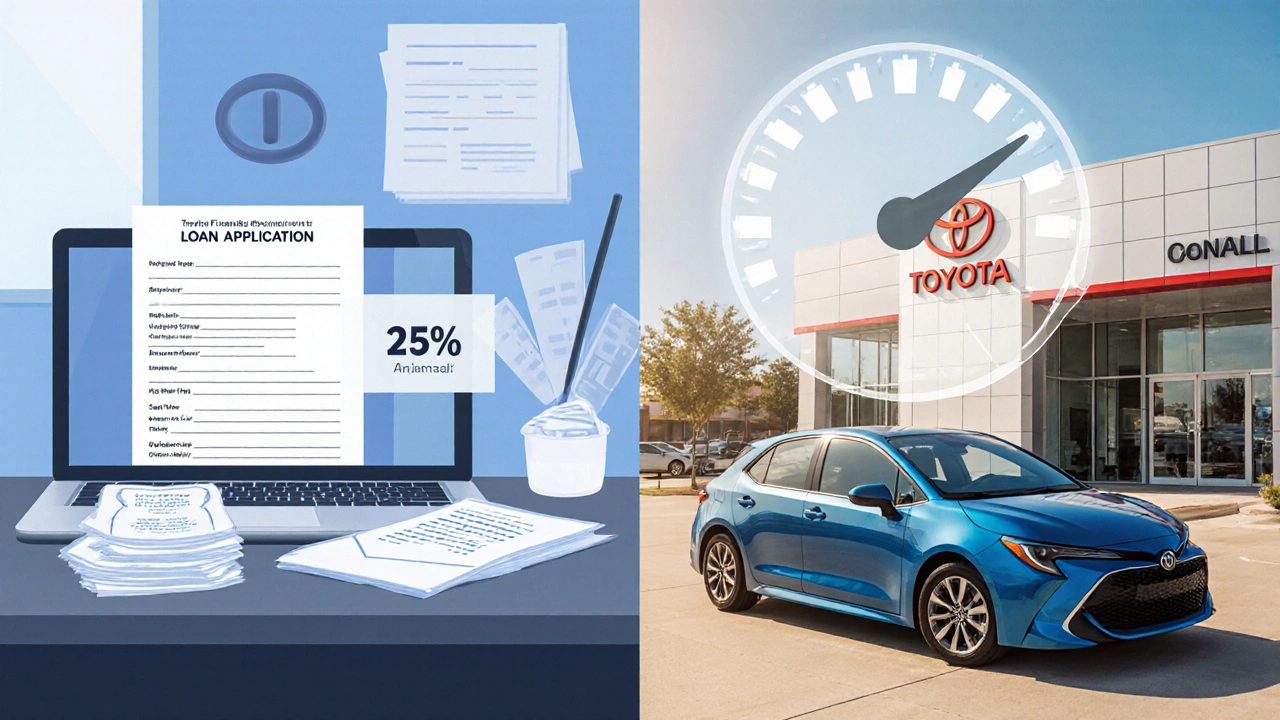 Split view of office loan documents and a Toyota car with LTV gauge overlay.