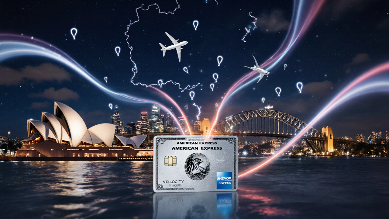 Sydney skyline at night with a credit card emitting light trails toward travel.