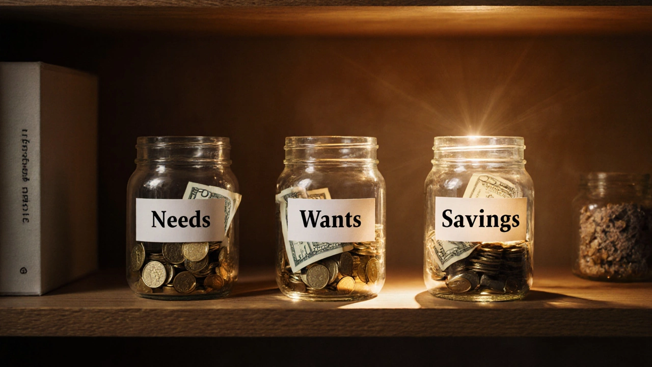 Three jars labeled Needs, Wants, Savings filling with coins and bills on a shelf.