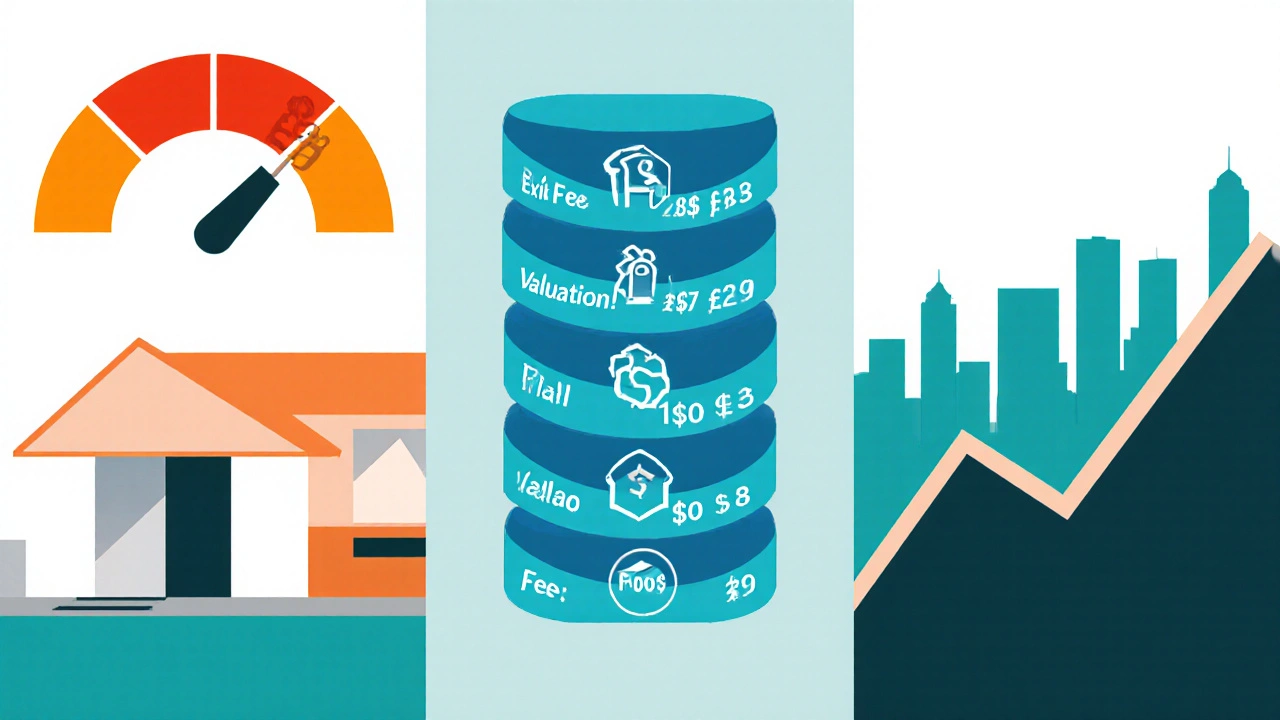 Three‑panel illustration showing rising LTV gauge, fee stack, and falling house price chart.