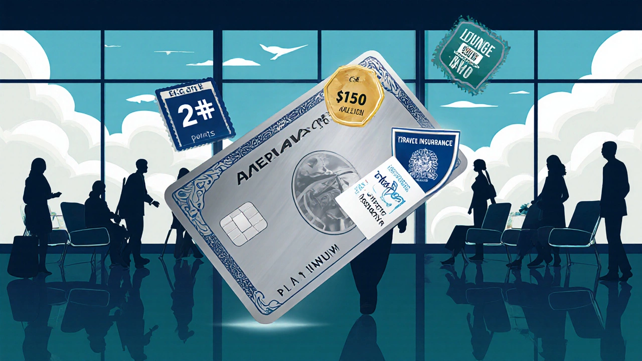 Traveler near airport lounge with floating icons of card perks.