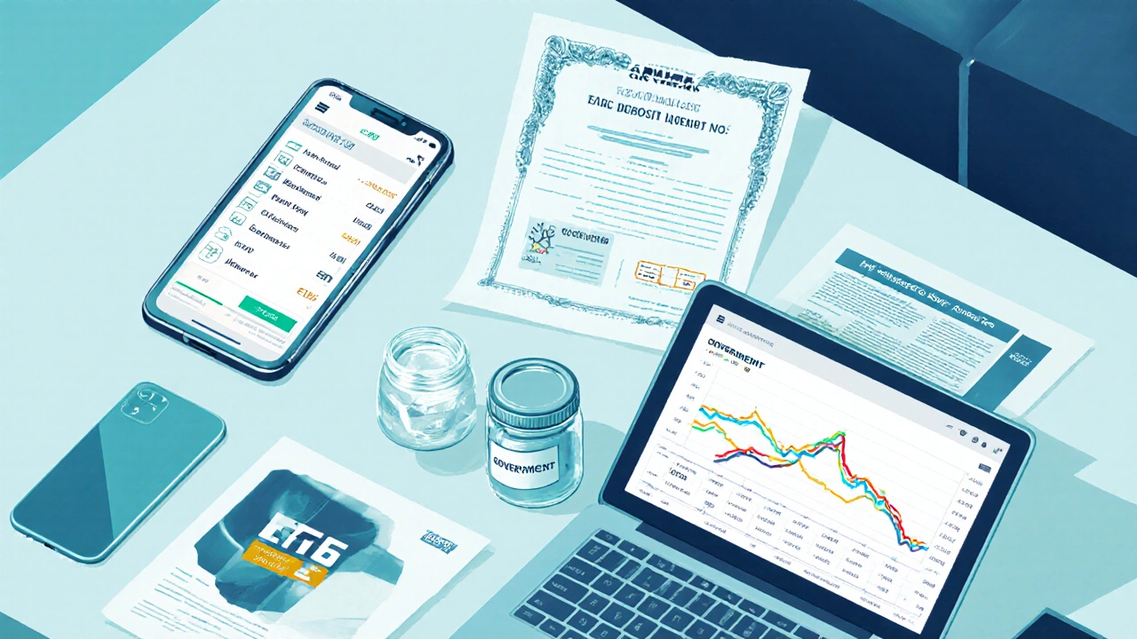 Various financial products displayed on a table with devices.