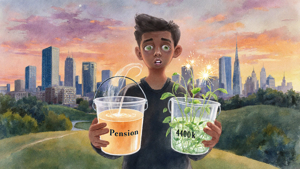 Watercolor scene of a person holding a steady pension bucket and a growth‑focused 401(k) bucket on a hill at sunset.