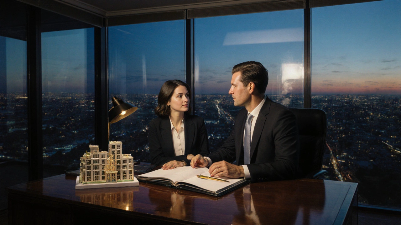 Wealth advisor discussing investment options with a client in a upscale office.