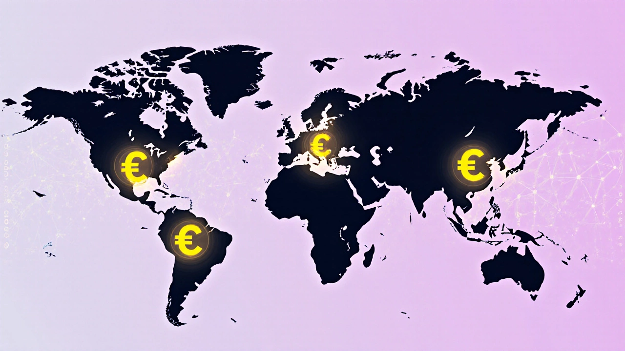 World map highlighting Australia, US, UK, Canada, and Germany with currency icons.