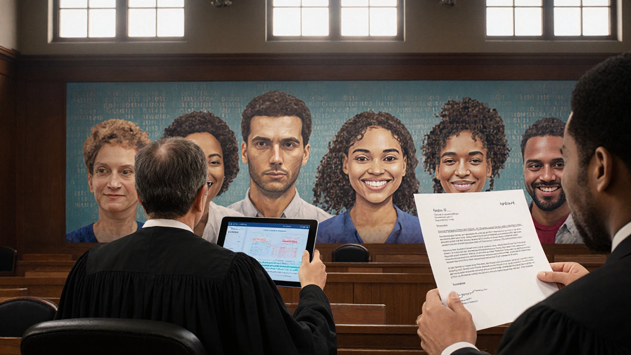 A courtroom with a judge reviewing an algorithm, while a mural of diverse families fades into digital code.