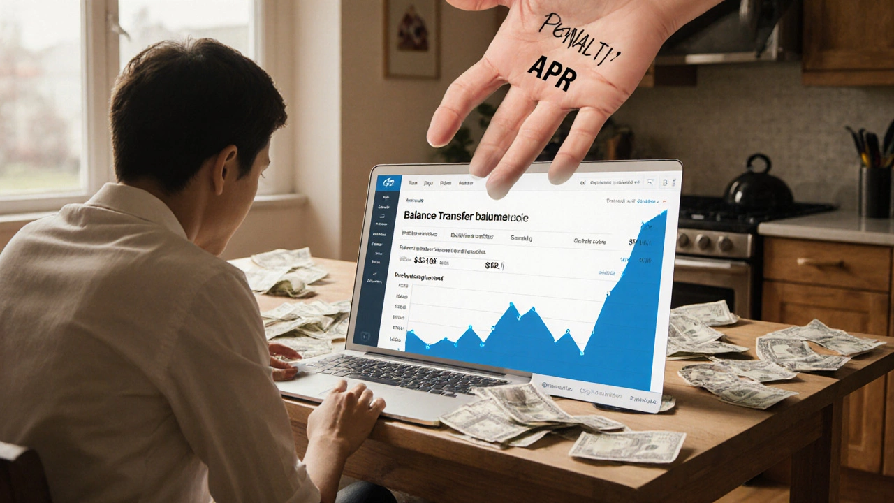 A person overwhelmed by bills and a looming penalty APR shadow.