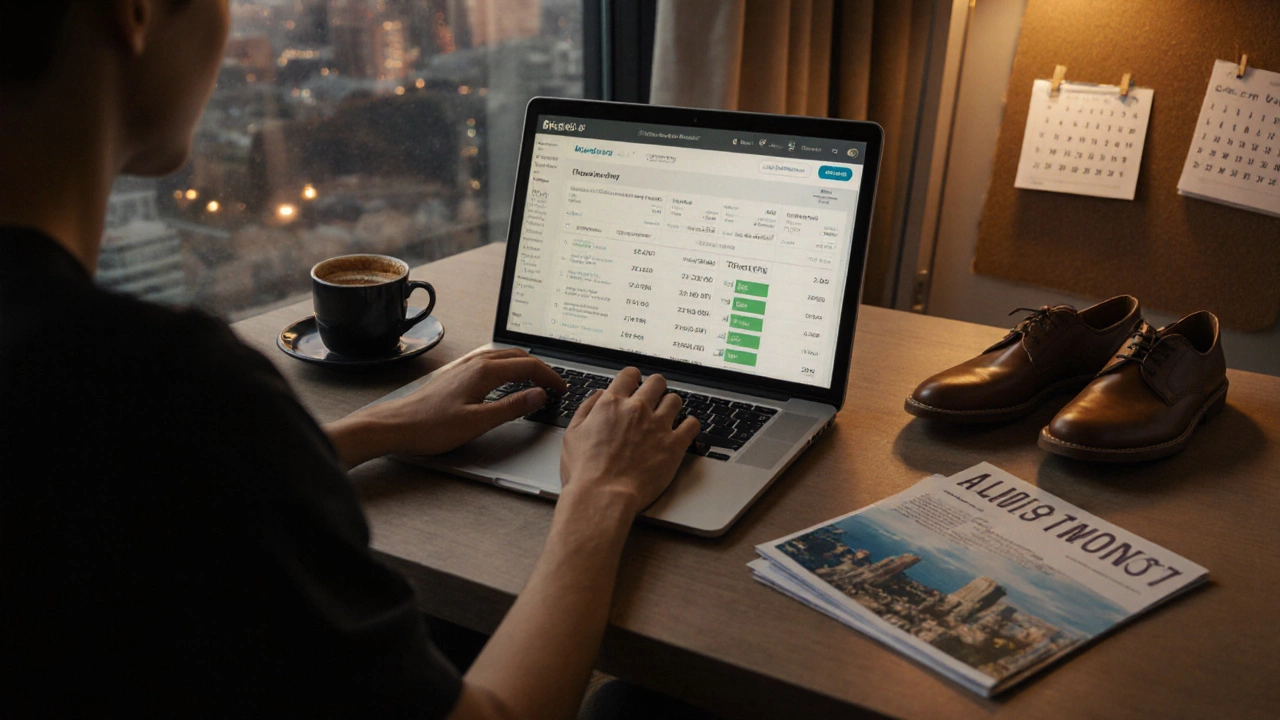 A person reviewing a budget app on a laptop with items representing wants nearby.