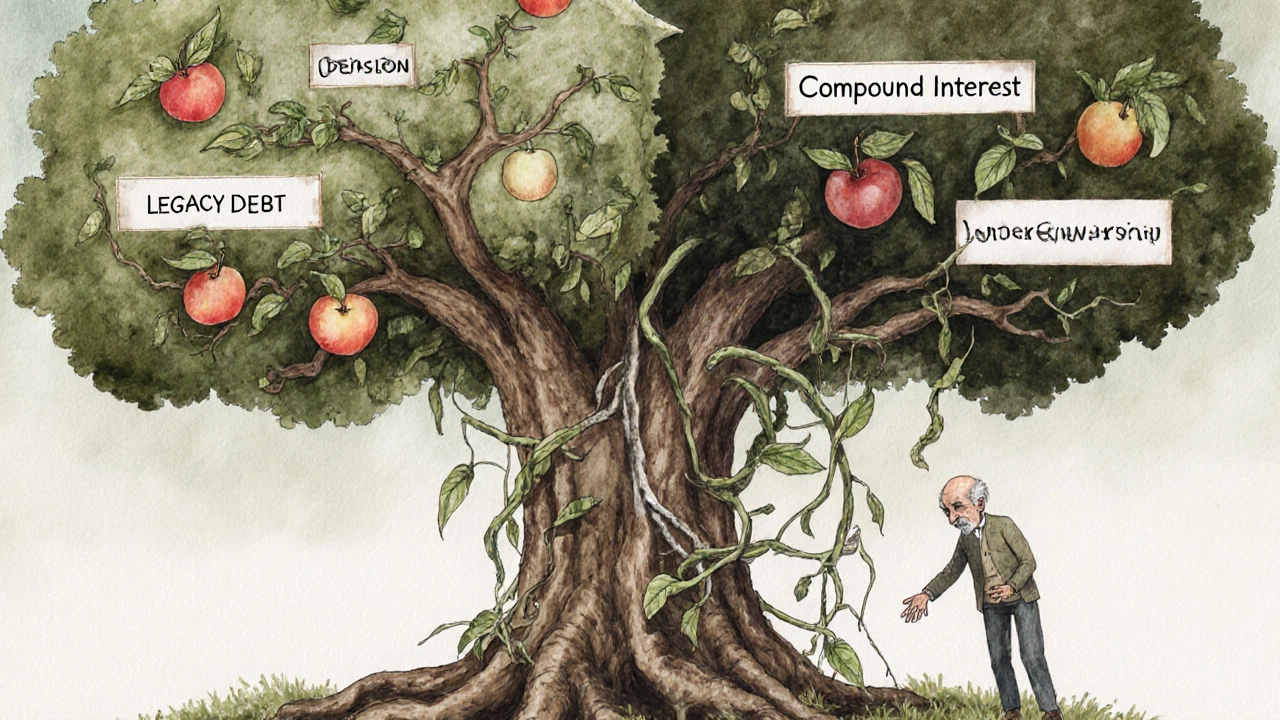 A symbolic tree with branches representing retirement benefits being strangled by debt vines.