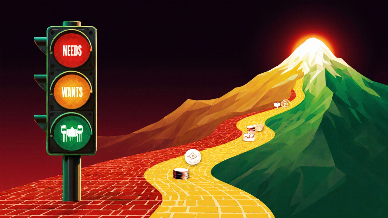 A traffic light transformed into three colored paths symbolizing budget categories.