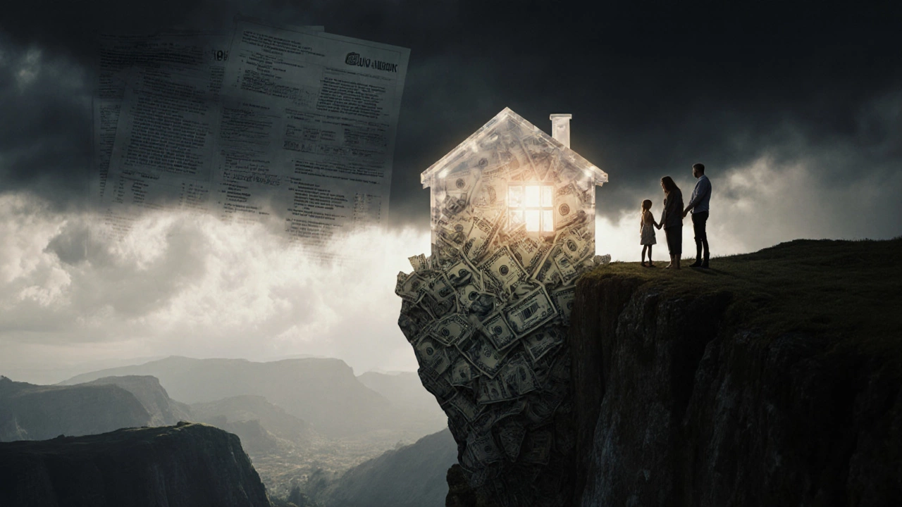 A transparent house dissolving into financial documents above a cliff, family watching below.