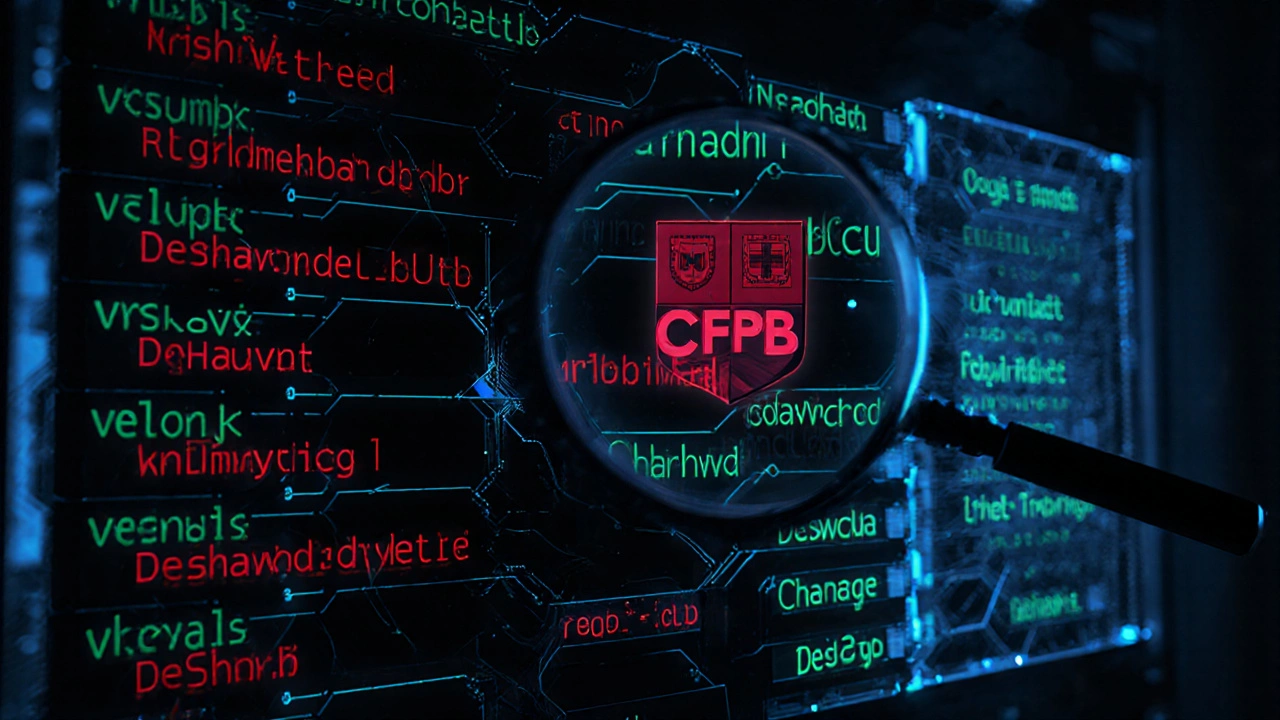 An AI system glowing with red and green data streams, highlighting biased inputs like college names and name spellings.