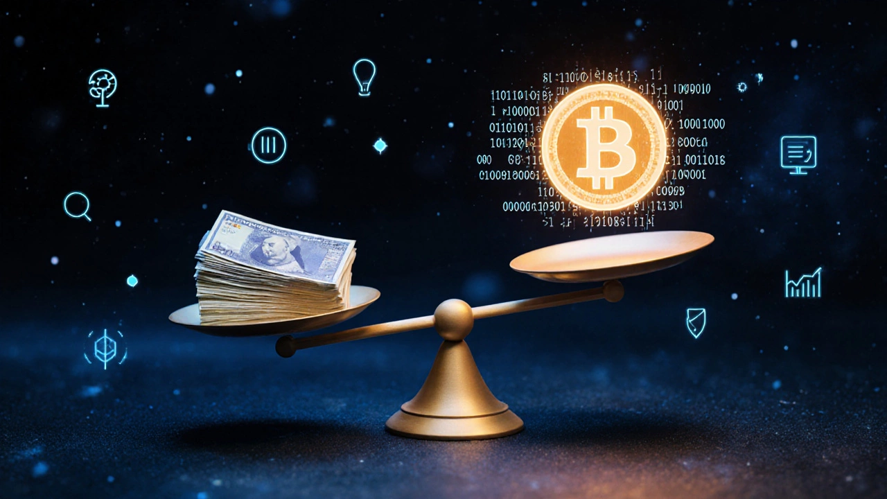Balance scale comparing 00 to a Bitcoin symbol made of binary code