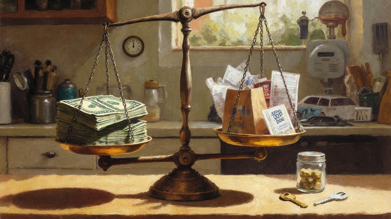 Balance scale in kitchen showing 00 pension versus medical bills, groceries, and emergency savings.