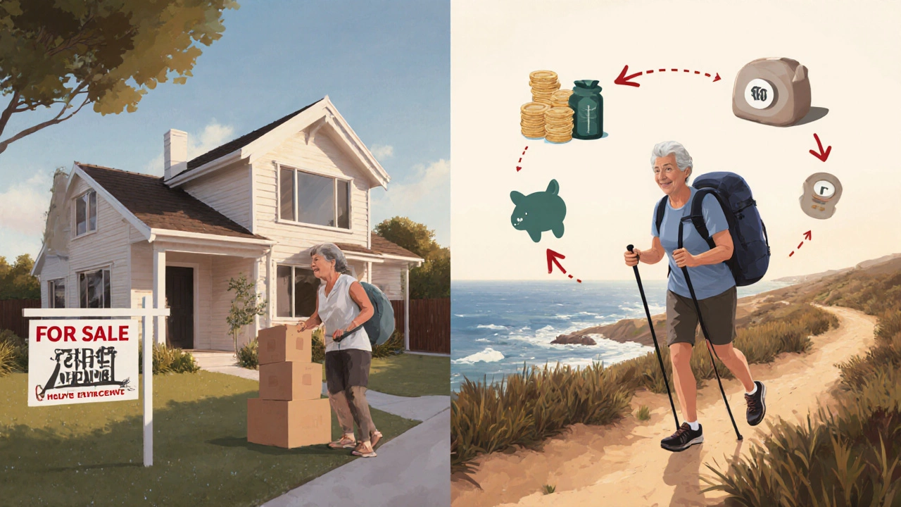 Contrasting retirement paths: downsizing home on left, active traveler on right with financial symbols.