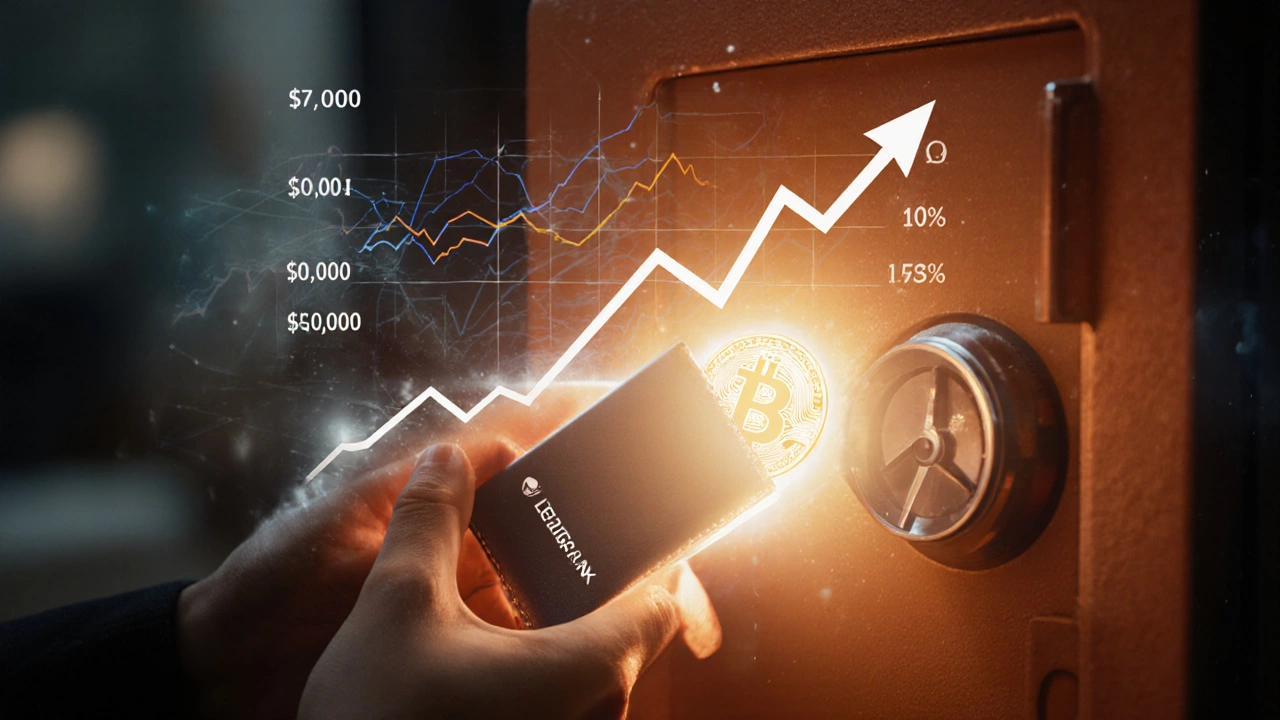 Hand placing Bitcoin wallet into fireproof safe with price chart overlay
